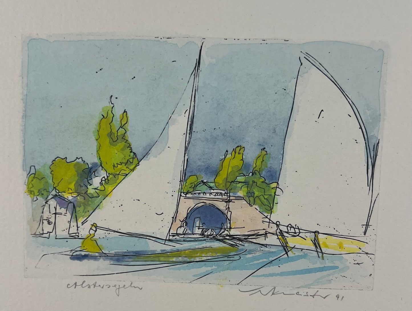 Werkmeister, Wolfgang, Alstersegeln, 9 x 13cm, aquarellierte Radierung