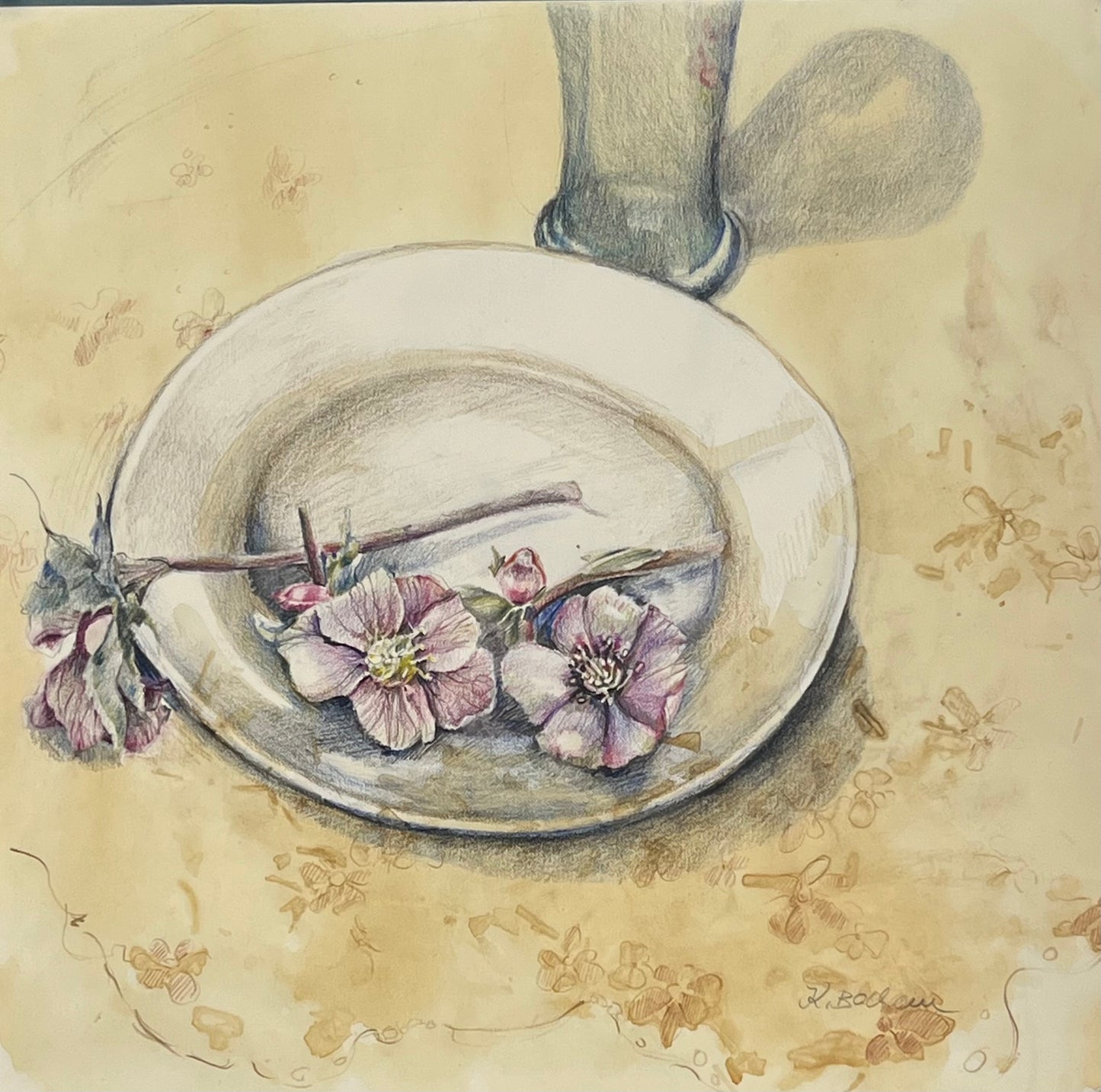 Bachem, Katrin, Blüten auf Teller, 40 x 40cm, Zeichnung