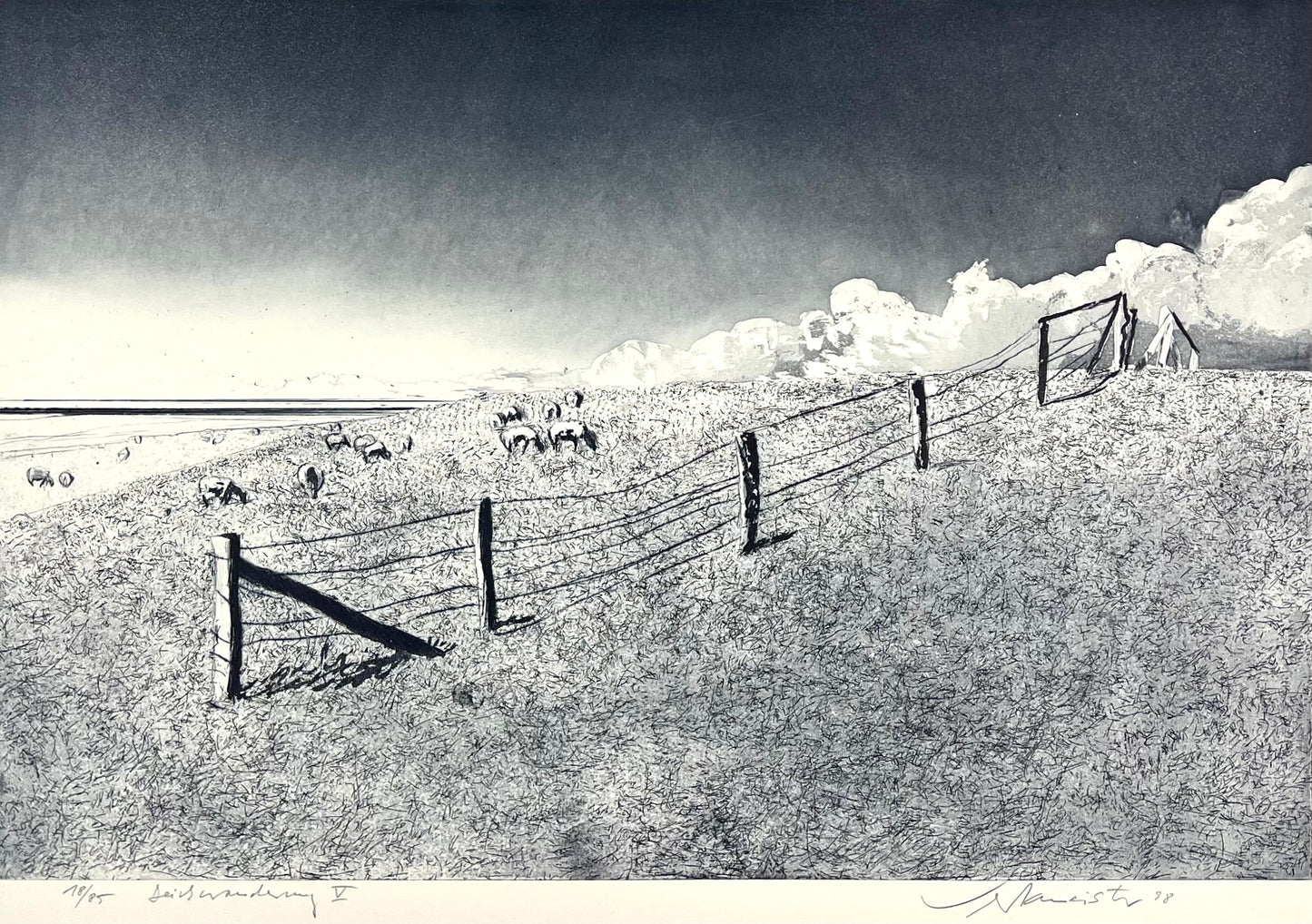Werkmeister, Wolfgang, Deichwanderung V, 38,5 x 57,5cm, 18/85, Westküstenzyklus I, Radierung, 1998