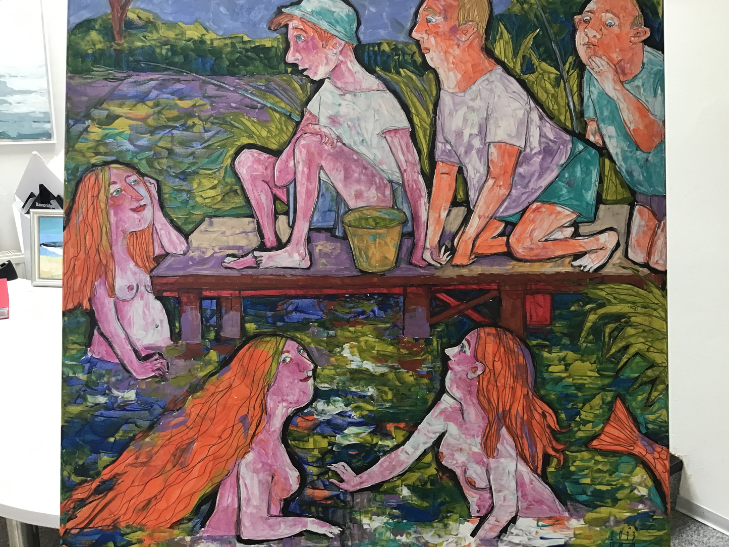 Monz, Lora, Der Fischfang, 100 x 100cm, Mischtechnik auf Leinwand