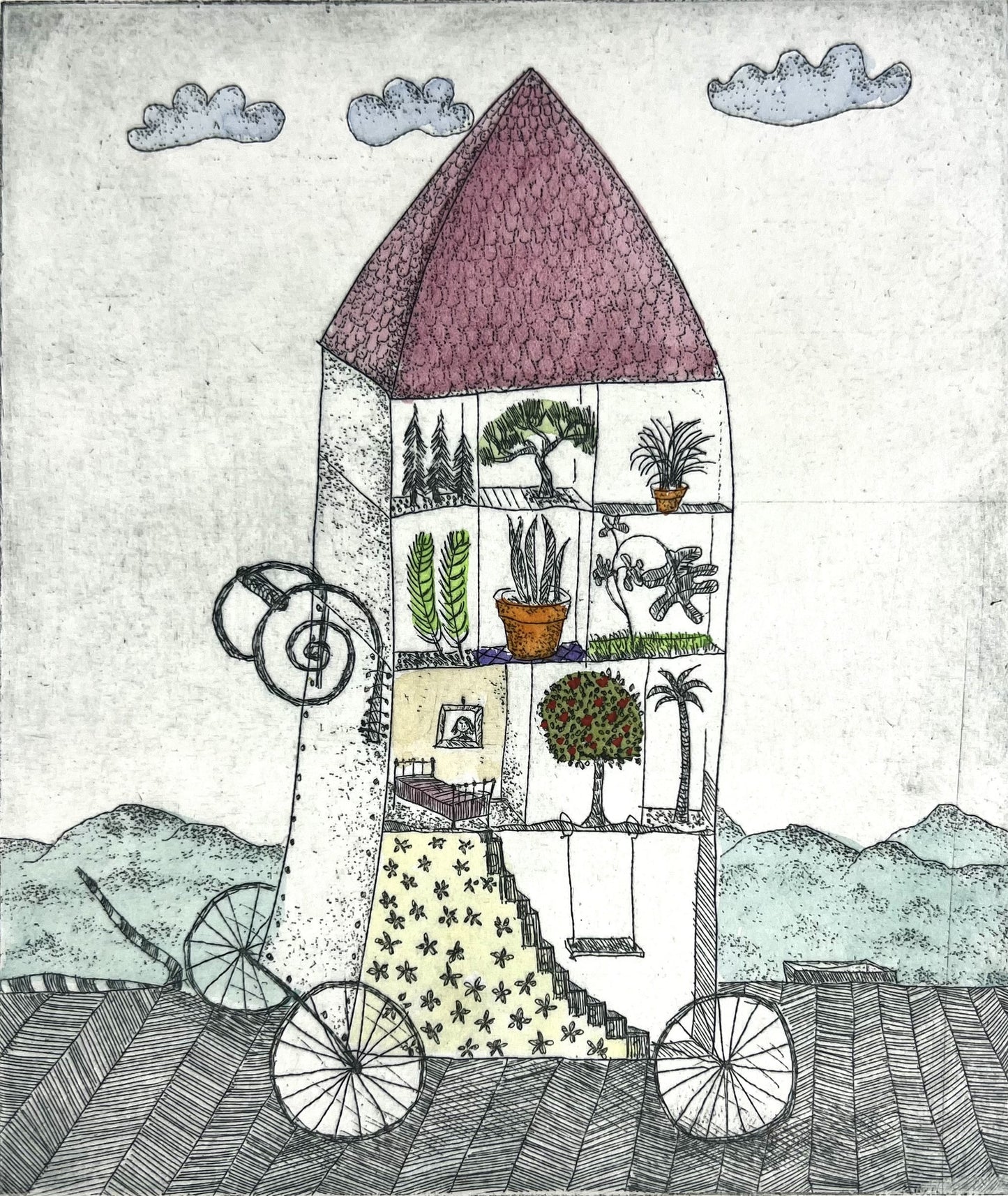 Dolezalek, Beatrice, Mobile Oase, 1981, 15,3 x 12,9cm, Col. Radierung