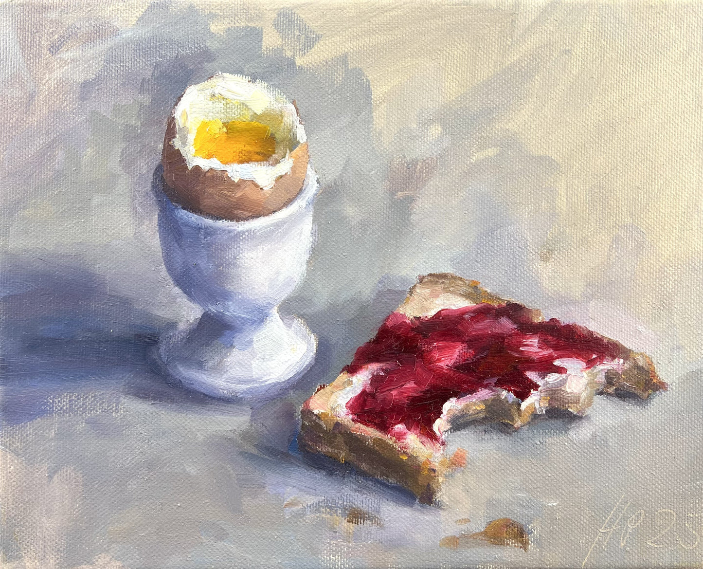 Petermann, Hanna, Frühstücksei mit Marmeladentoast II, 19 x 24cm, Öl auf Leinwand, 2025