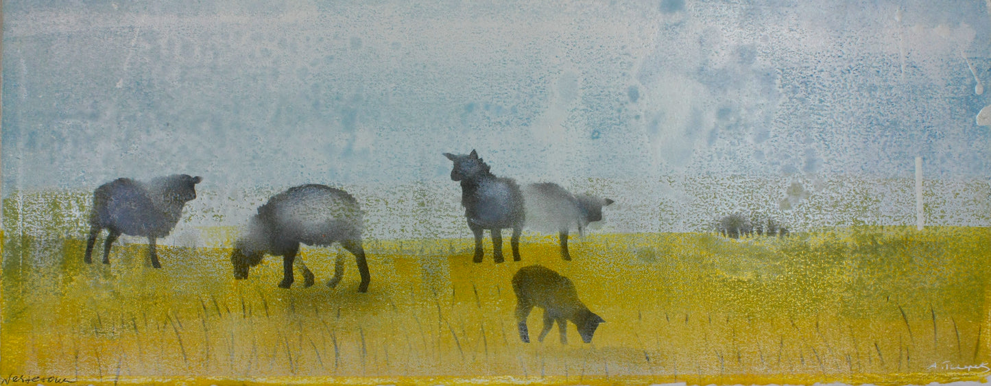 N+T, Nesterova und Tschepets, Fünf&halb Schafe, 14 x 32,5cm, Mischtechnik