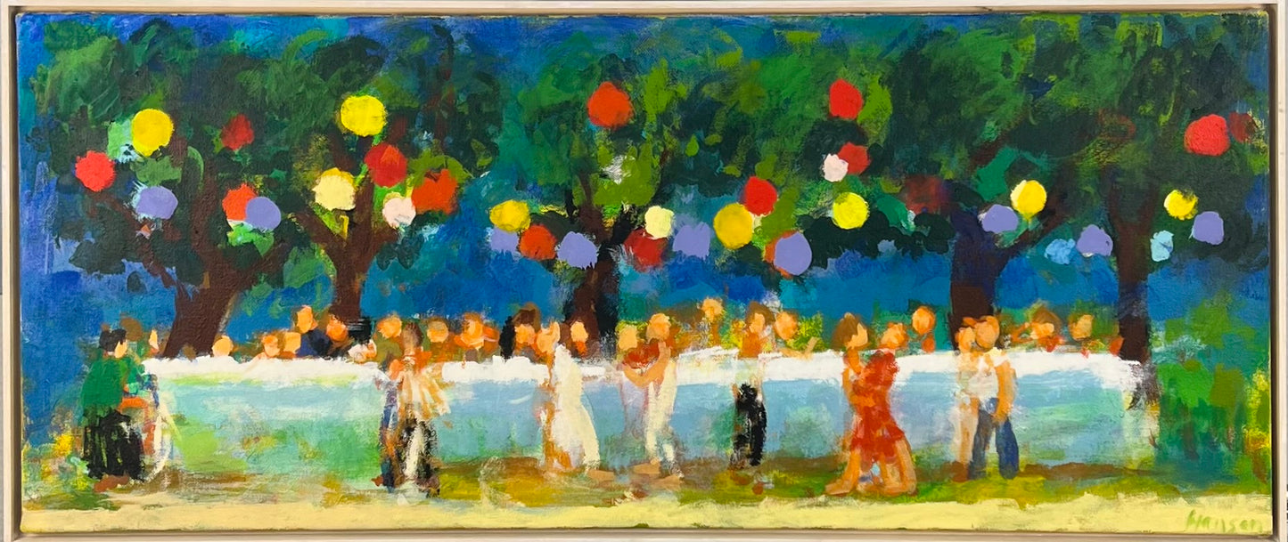 Hansen, Ulrike, Gartenfest mit Lampions, 50 x 120cm, Eitempera auf Leinwand, 2023