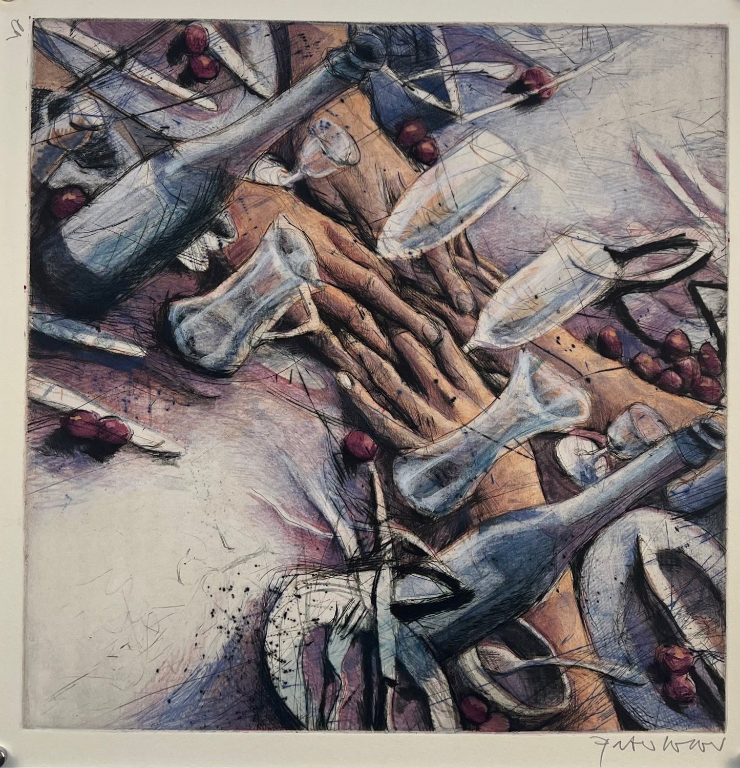 Wever, Peter, Hände durch Geschirr, 41,5 x 41,5cm, e.a., Radierung