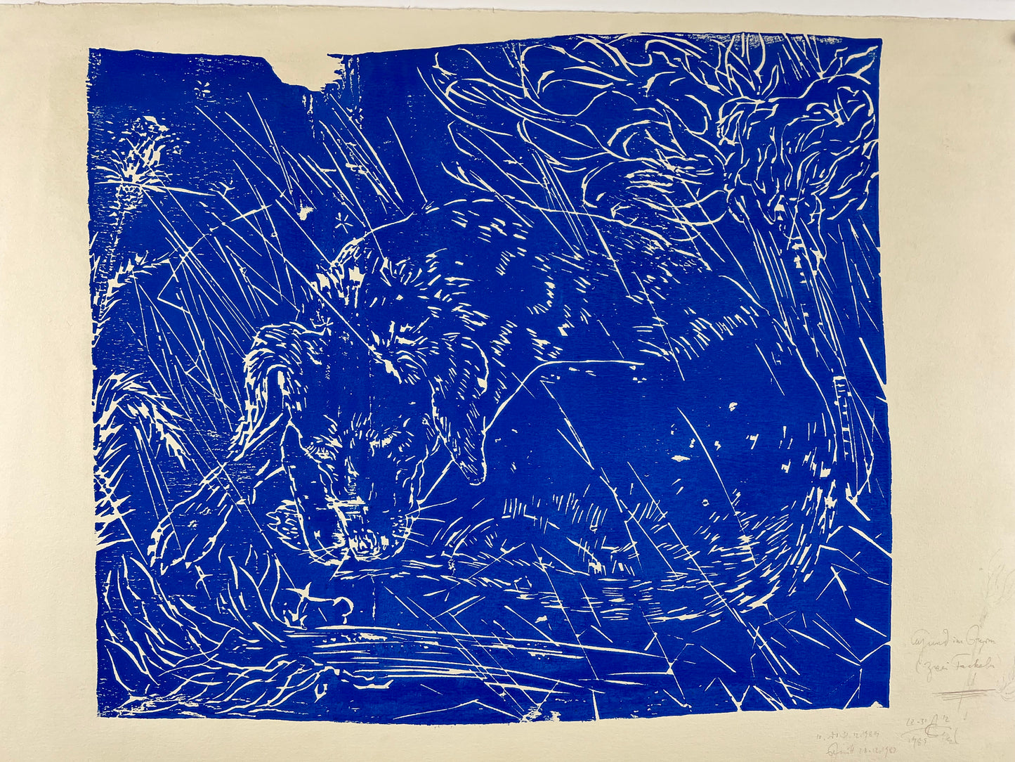 Hafner, Jonas, Hund im Sturm, 1989, 53 x79cm, Holzschnitt