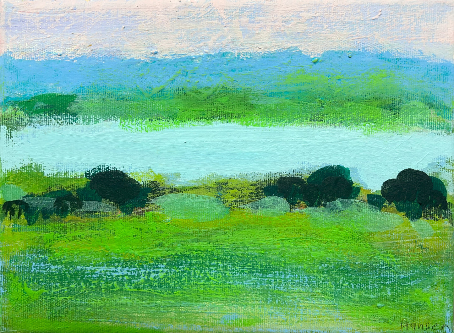 Hansen, Ulrike, Grüne Landschaft, 18 x 24cm, Eitempera auf Leinwand, 2023, incl. Künstlerrahmen