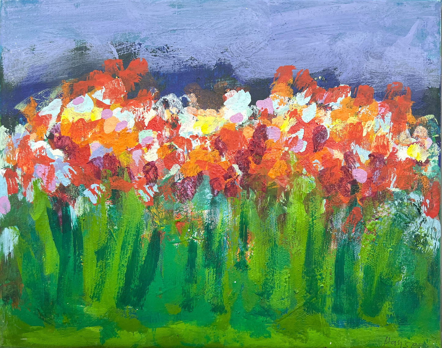 Hansen, Ulrike, Rote Blumen, 2023, 24x30cm, Eitempera auf Leinwand