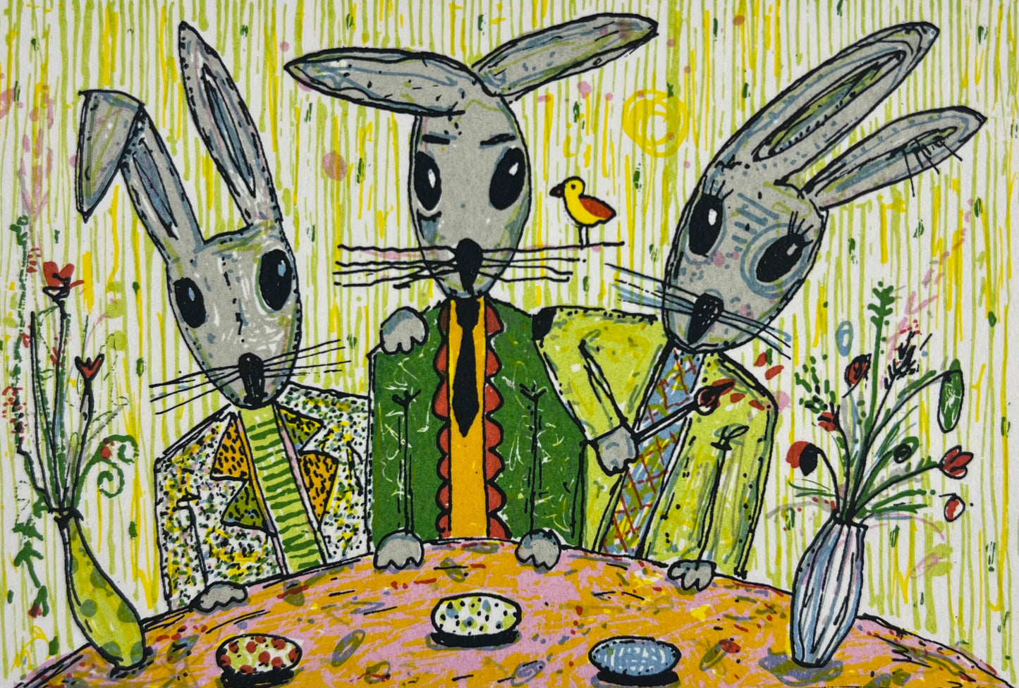 Grimm, Max, Hasen am Tisch, 14 x 17,5cm, e.a., Siebdruck