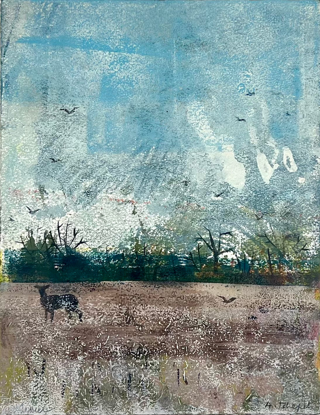 Nesterova & Tchepets, Hirsch auf dem Feld, 31 x 24cm, Mischtechnik