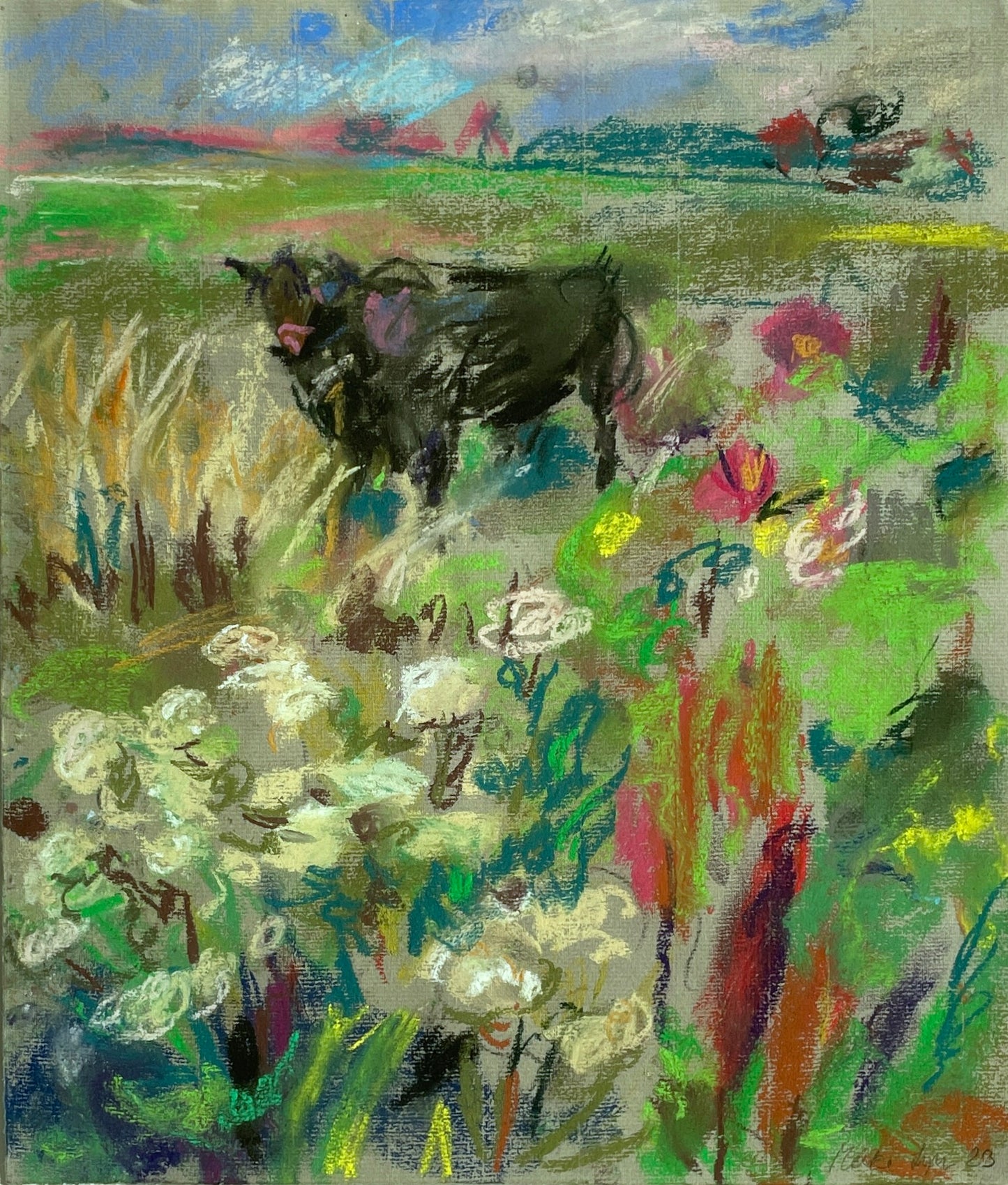 Lipp, Meike, Kuh auf den Marschwiesen, 2023, Unikat, Pastell, 44,5 x 38 cm