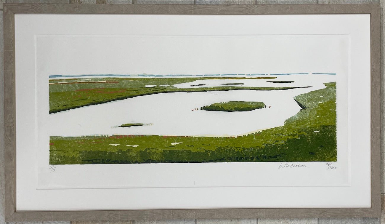 Nesterova, Anastasiya, Sylter Polder, 2020, Farbholzschnitt, Ed. 5/5, 37 x 77 cm