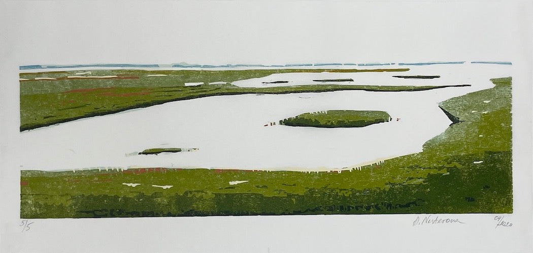 Nesterova, Anastasiya, Sylter Polder, 2020, Farbholzschnitt, Ed. 5/5, 37 x 77 cm