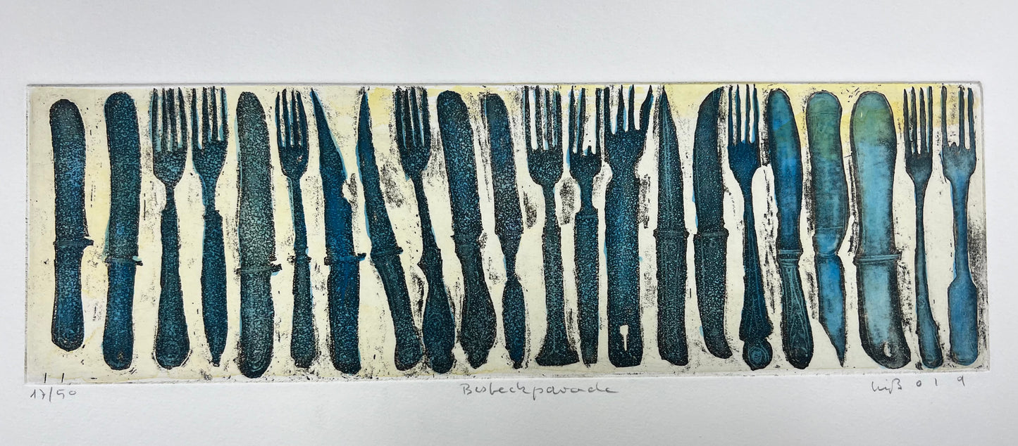 Leiß, Hans-Ruprecht, Besteckparade, 9 x30cm, 17/50, Radierung