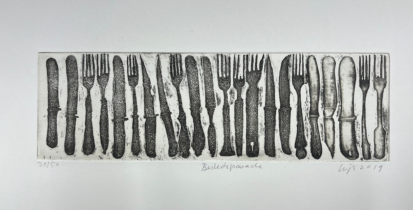Leiß, Hans-Ruprecht,, Besteckparade, 9 x 30cm, 31/50, Radierung