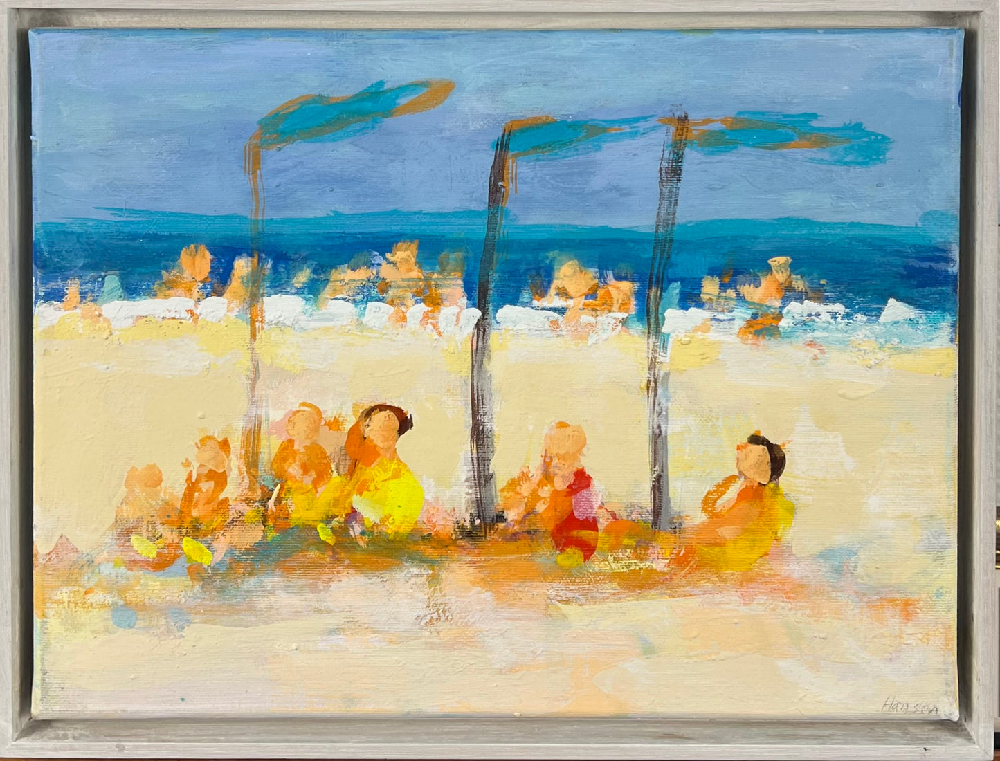 Hansen, Ulrike, Strand mit Fahnen, 30 x 40cm, Eitempera auf Leinwand, 2020