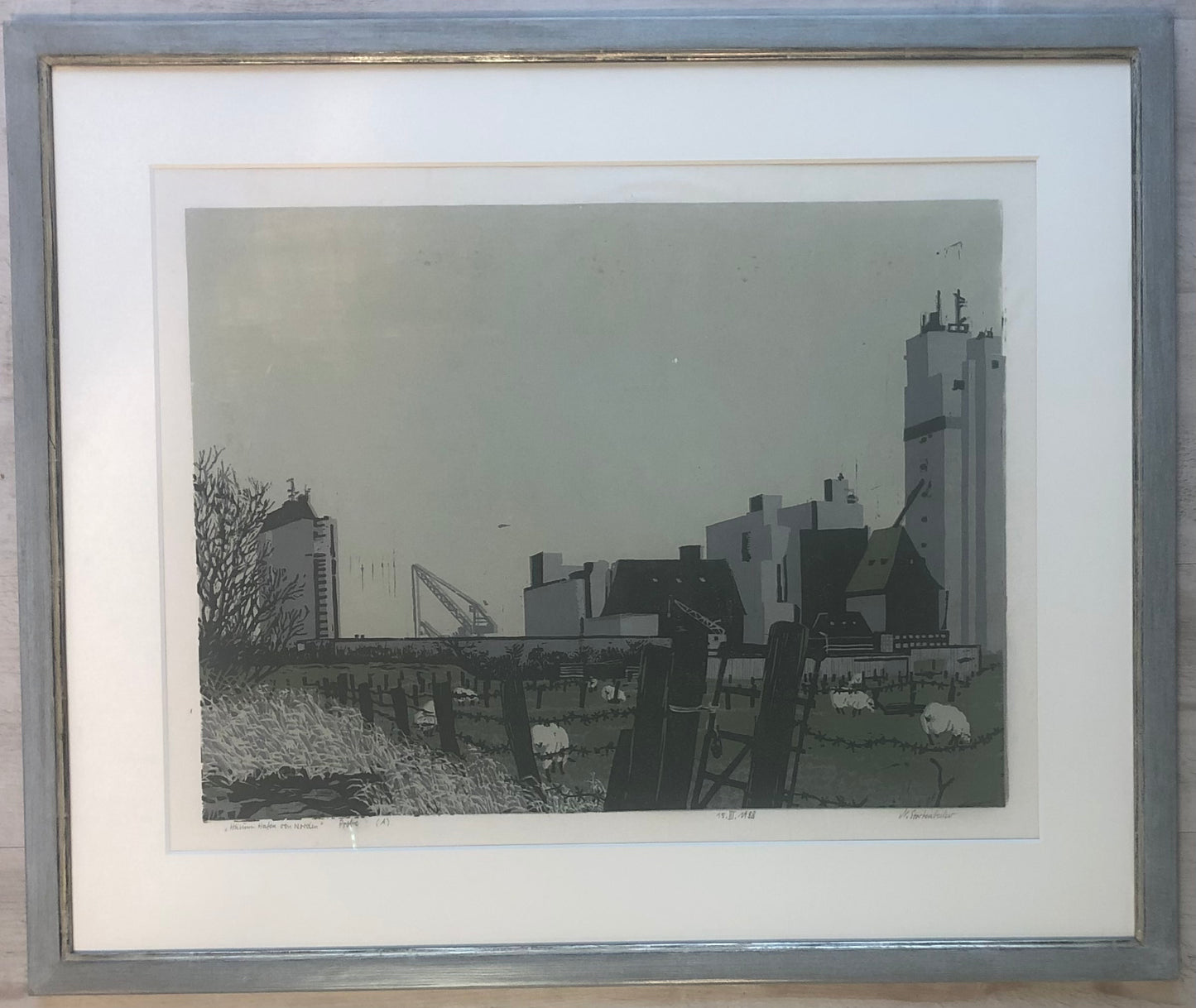Störtenbecker, Nikolaus, Husum Hafen von Norden 15.III.1988, Holzschnitt, Probe (A)