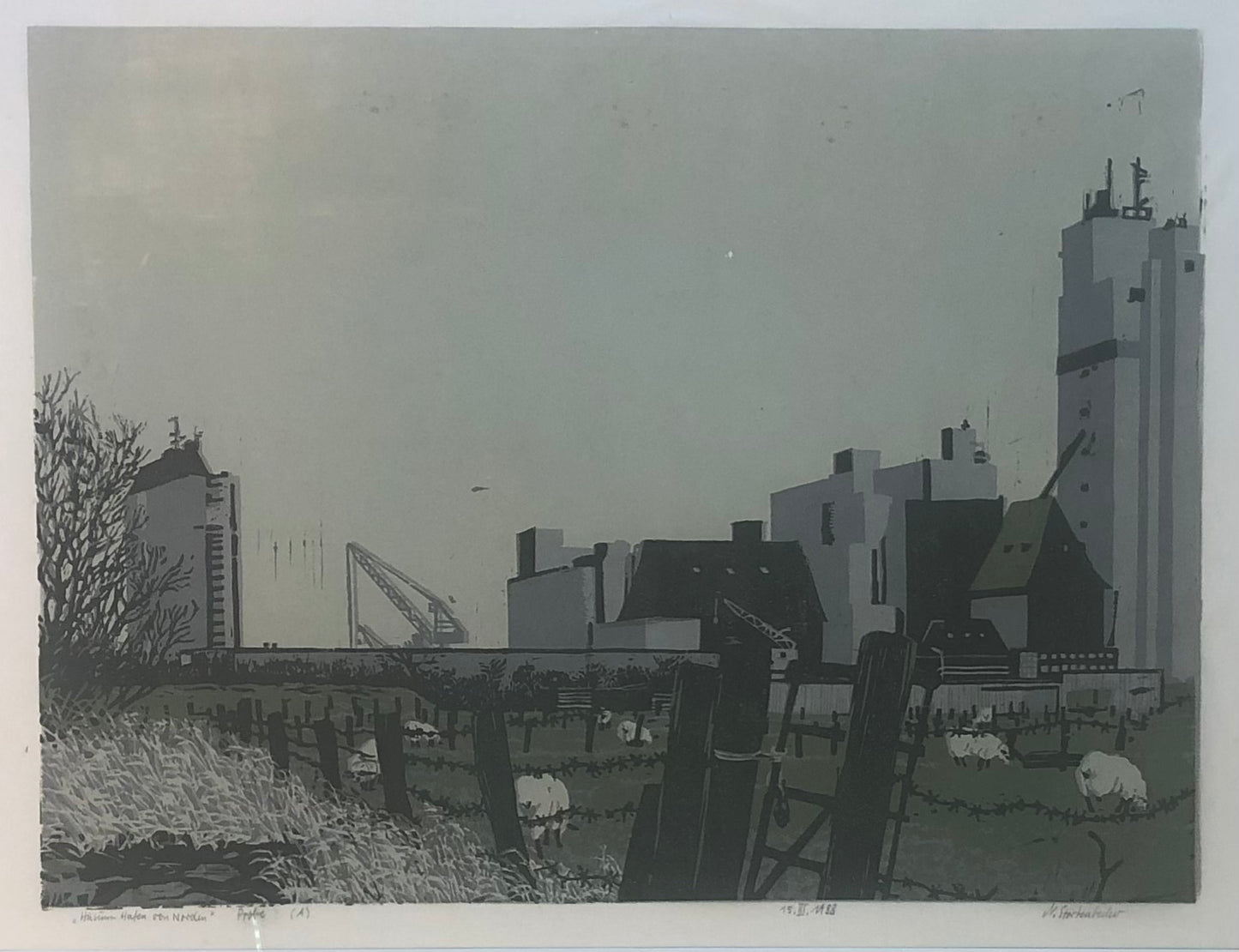 Störtenbecker, Nikolaus, Husum Hafen von Norden 15.III.1988, Holzschnitt, Probe (A)