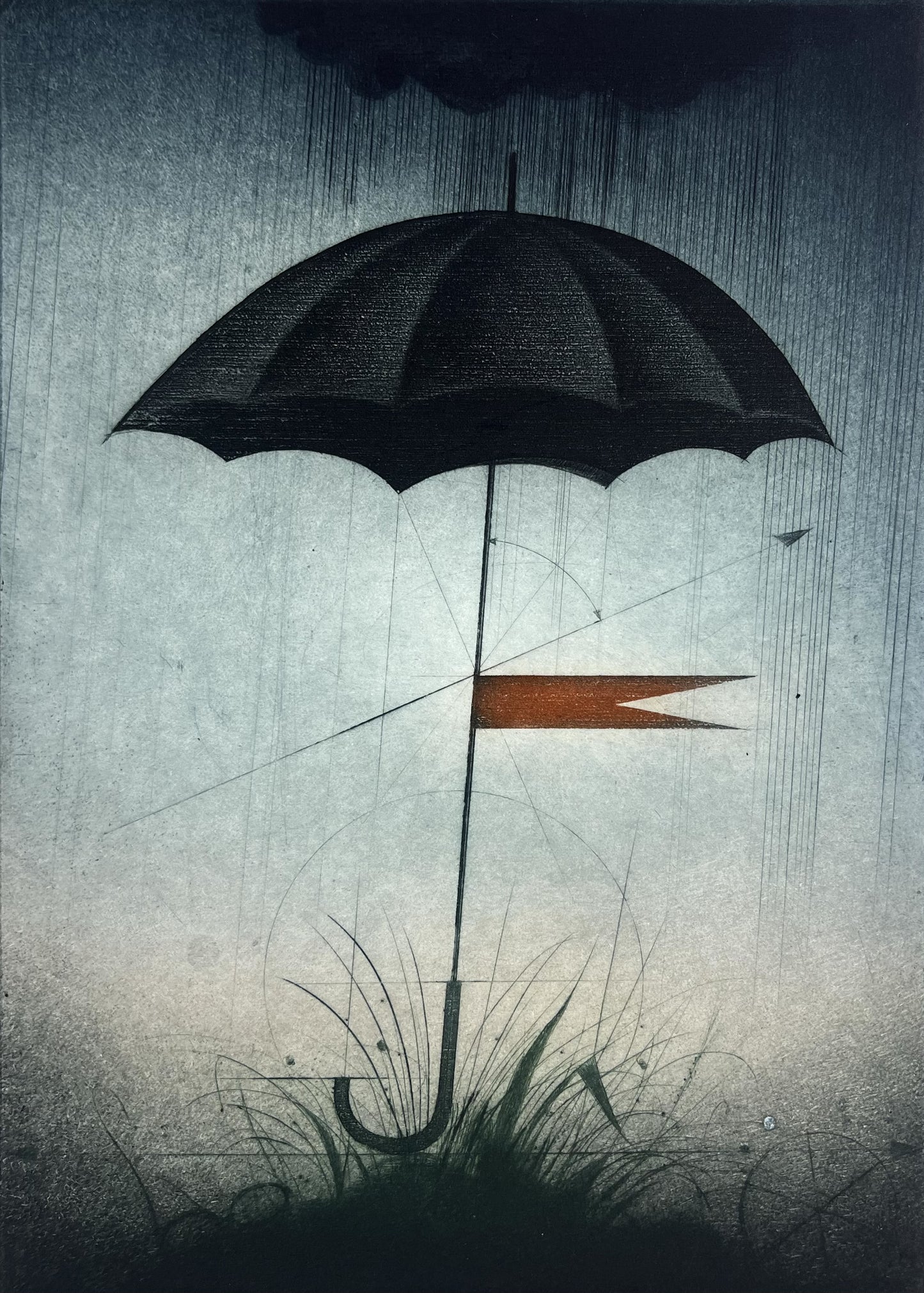 Janak, Alois, Landschaft mit Regenschirm, 29 x 21cm, Farbradierung, 1979