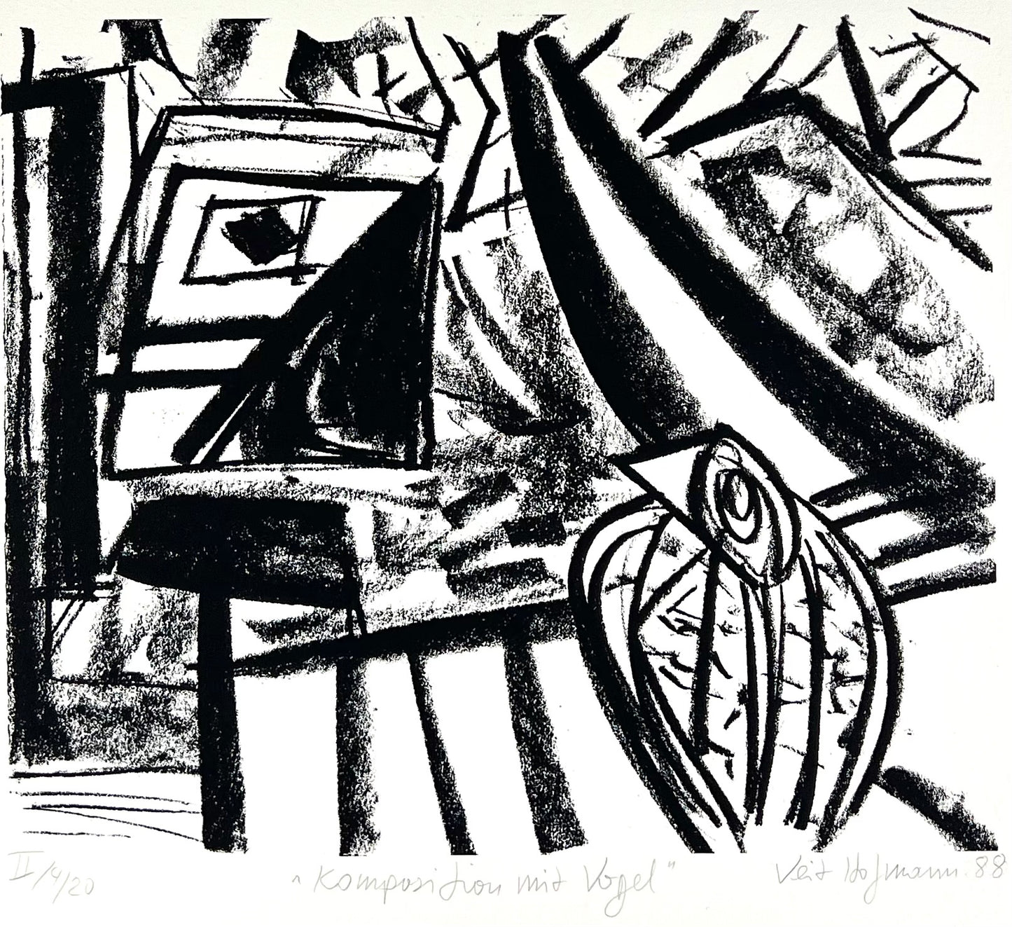 Hofmann, Veit, Komposition mit Vogel, 27 x 32cm, 4/20, Siebdruck, 1988