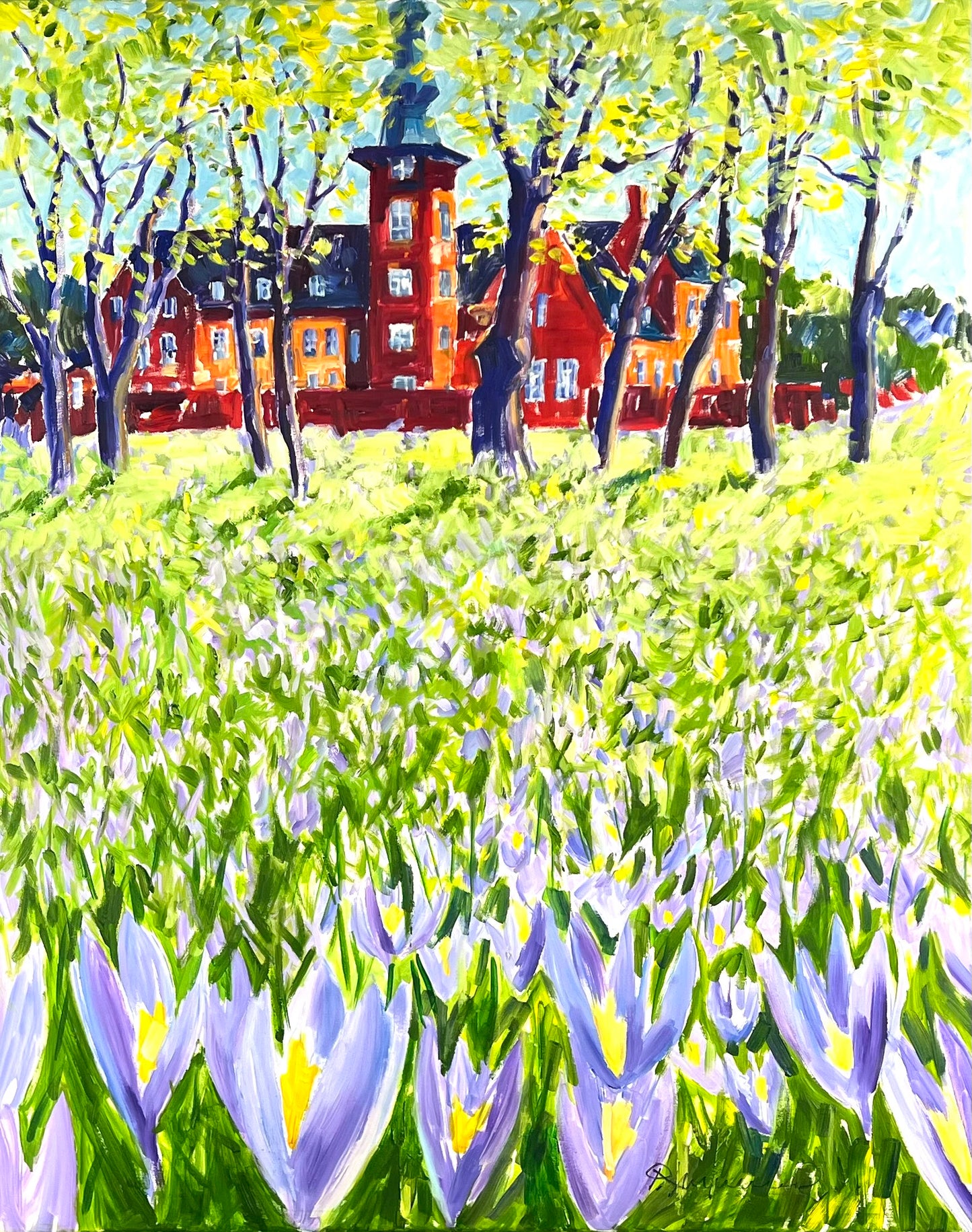 Linnenbrink, Peter, Krokusblüte Husum Schloss, 100 x 80cm, Öl auf Leinwand