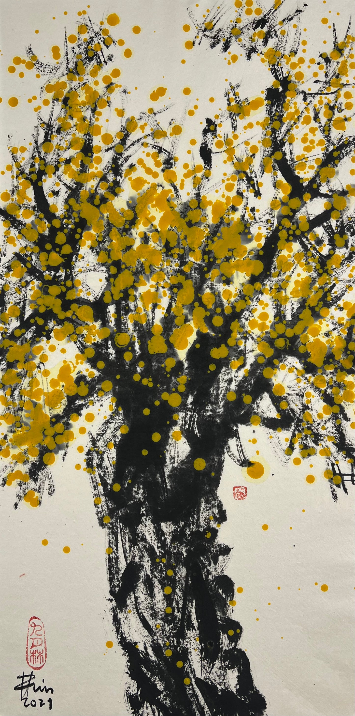 Lin, Yi Zeng, Gelbe Blüten, 68,5 x 34cm, Unikat, Acryl