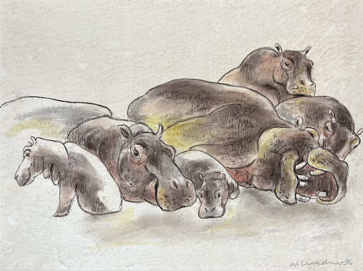 Lindner, Walter, Nilpferde, 30 x39,5cm, Zeichnung
