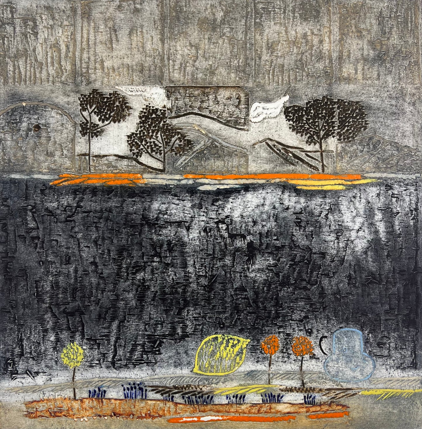 Louttre, Bernard, Le citron se lève à l´est (Die Zitrone macht sich nach Osten auf), 50 x 49cm, 8/60, Carborundum-Radierung