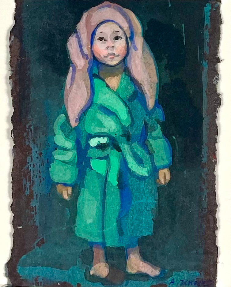 Tchepets, Anja, Mädchen in Bademantel, 16,5 x 11,5cm, Gouache