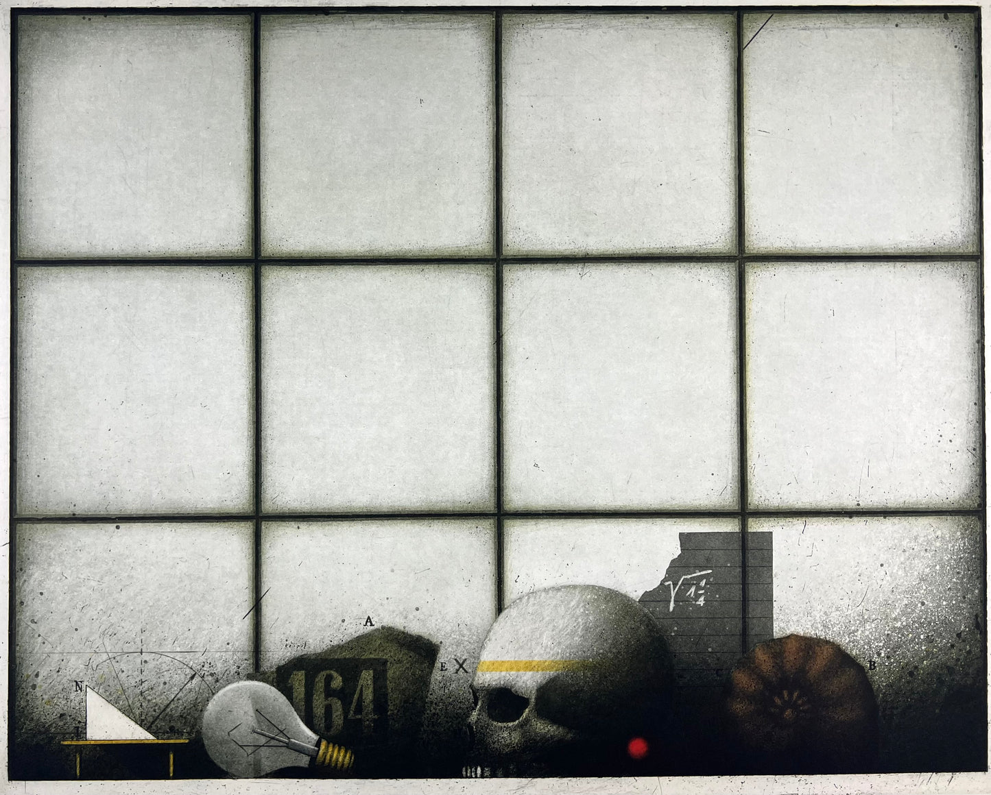 Meckseper, Friedrich, Stillleben mit Totenkopf vor Fenster, 47,5 x 59,5cm, 43/100, Radierung, 1983