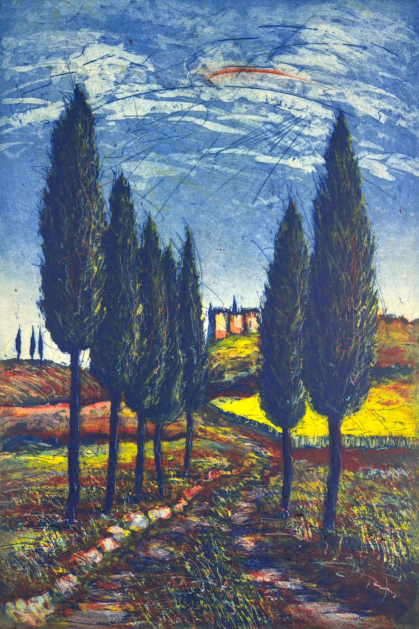 Messemer, Gerhard, Zypressen II, 78.4 x 56,7cm, Farbradierung