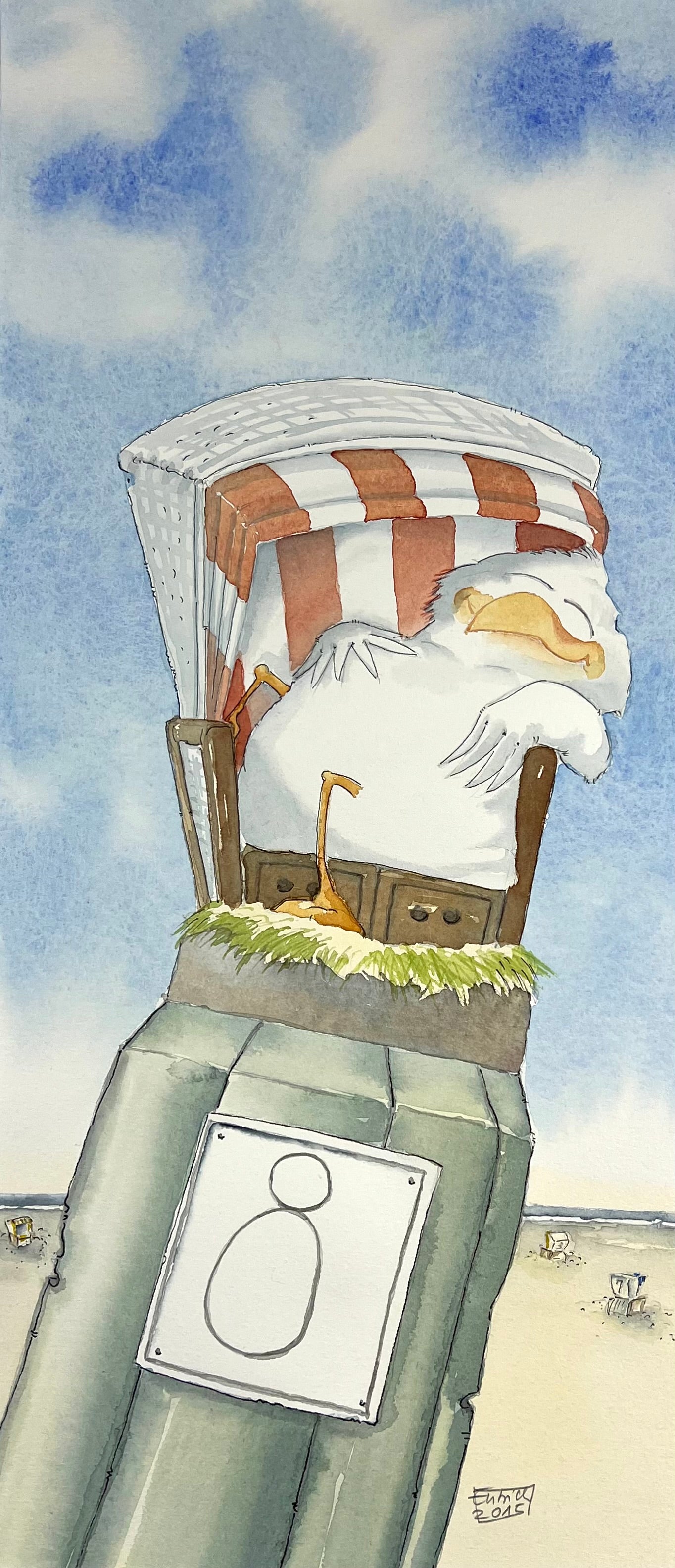 Entrich, Stephanie, Möwe im Strandkorb, 53 x 23cm, Aquarell