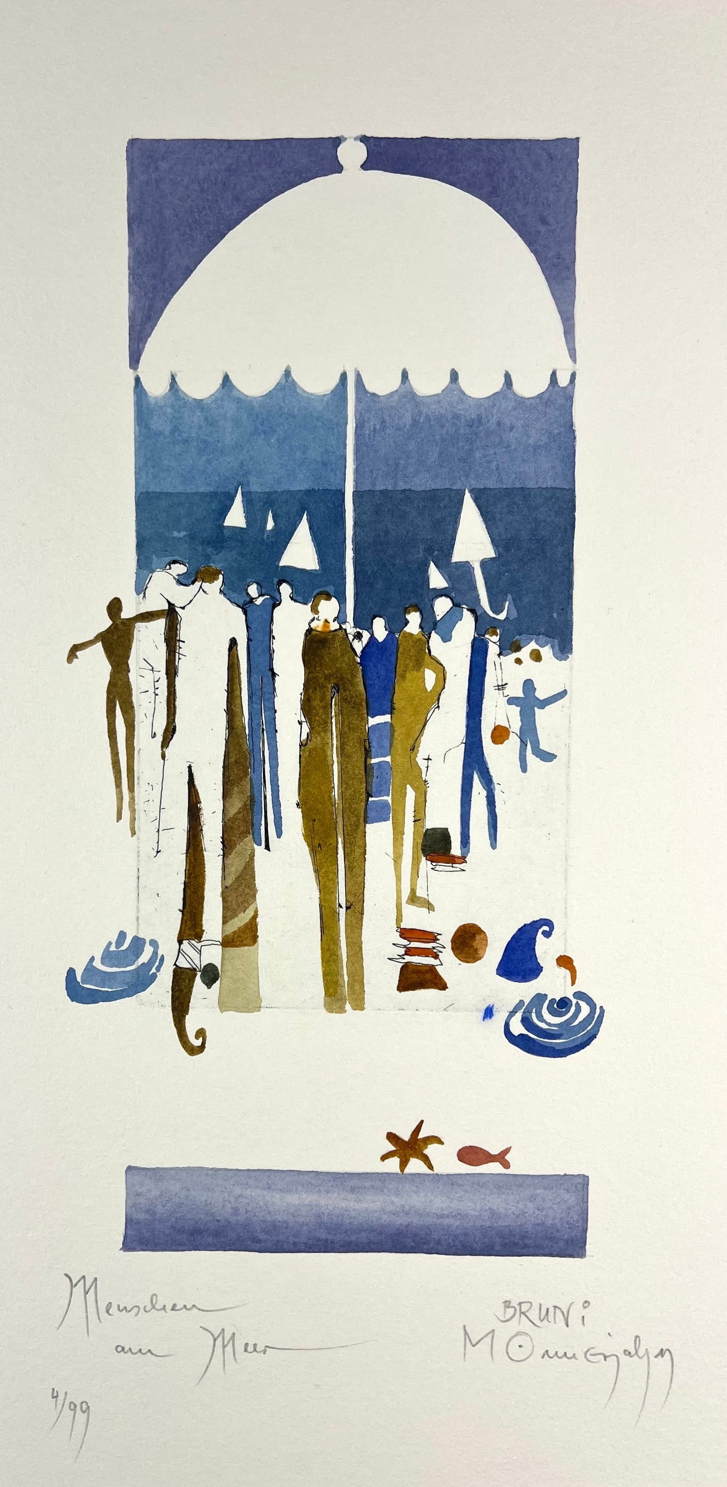 Monnerjahn, Bruni,Menschen am Meer, 28 x 11cm, Radierung coloriert