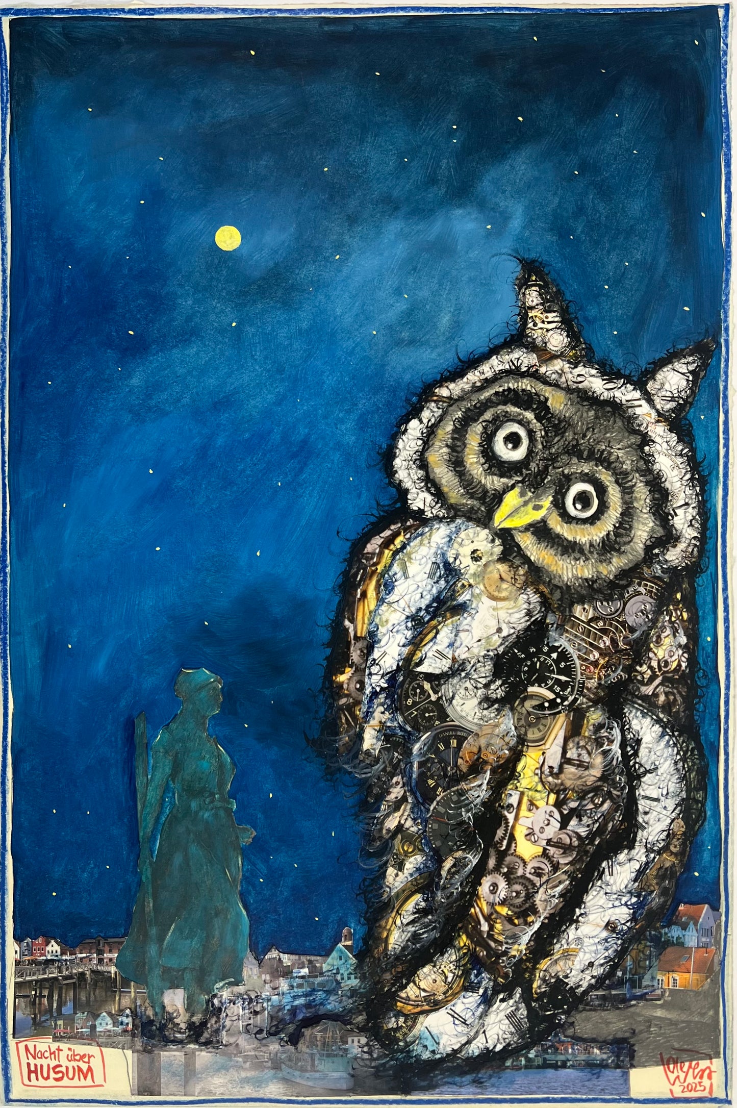 West, Ole, Nacht über Husum, 60x40, Collage/Öl, 2025