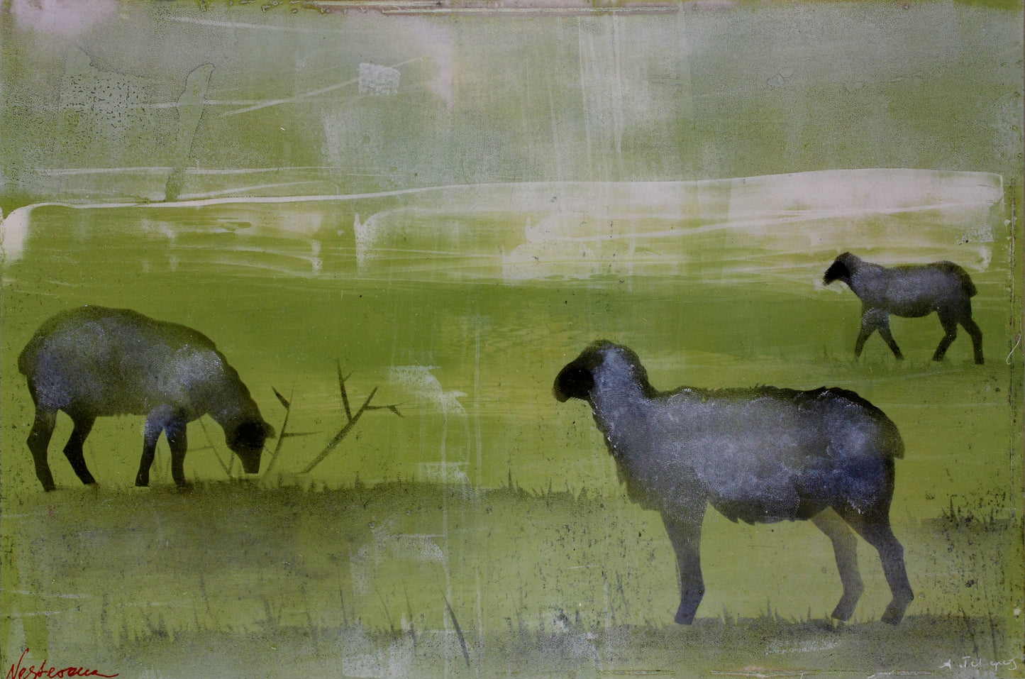 N+T, Nesterova und Tchepets, Schafe am Deich, 20 x30cm, Mischtechnik auf Papier