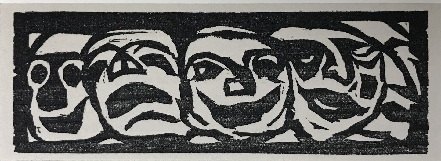 Nolde, Emil, Fünf Masken, 10,5 x 3,7cm, Holzschnitt