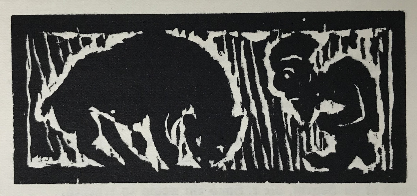 Nolde, Emil, Grosses Tier und buckeliger Zwerg, 4,6 x 10,8cm, Holzschnitt, 1910