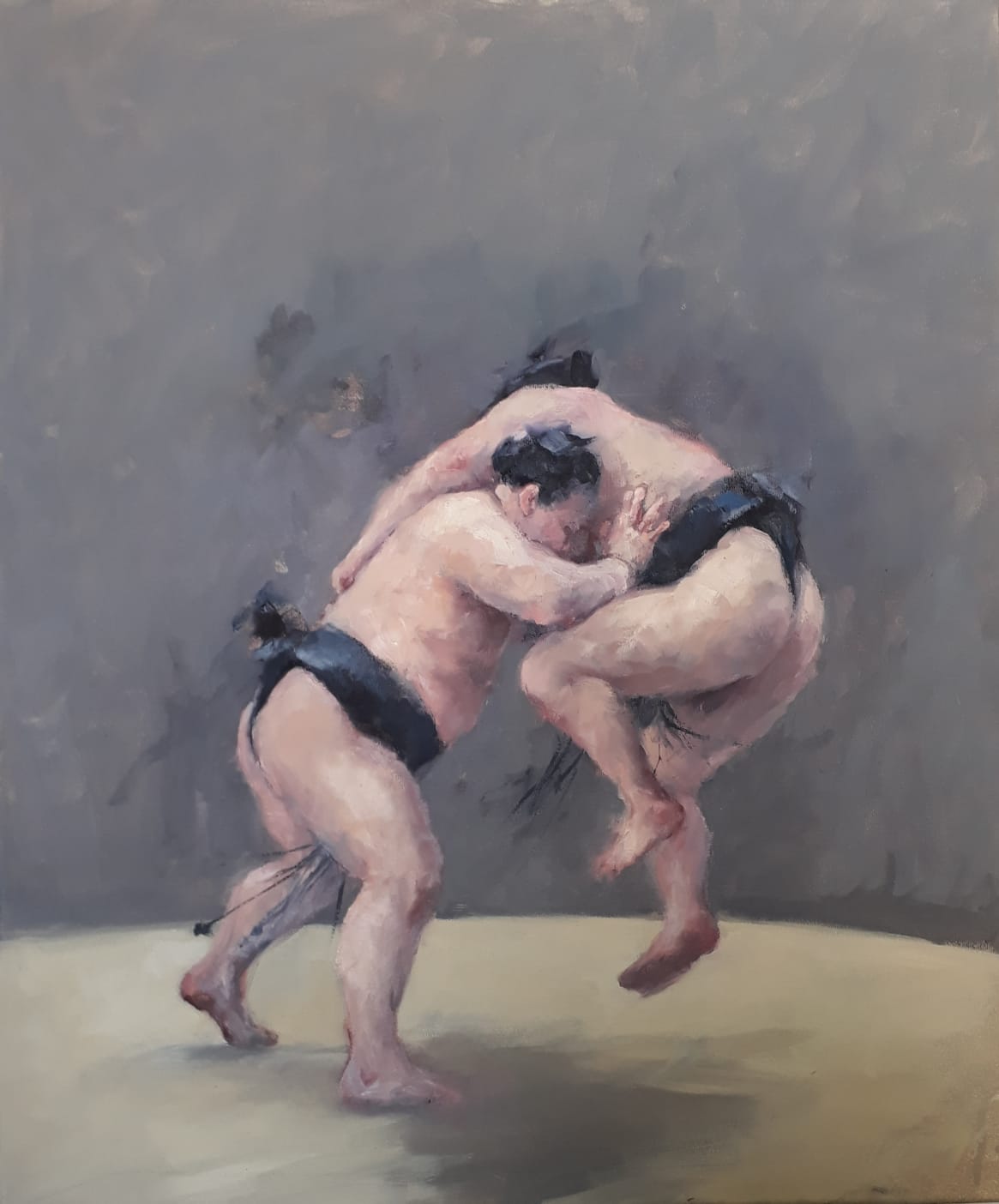 Petermann, Hanna, Zwei Sumotori im Kampf, 2018, Öl auf Leinwand, 60 x 50 cm