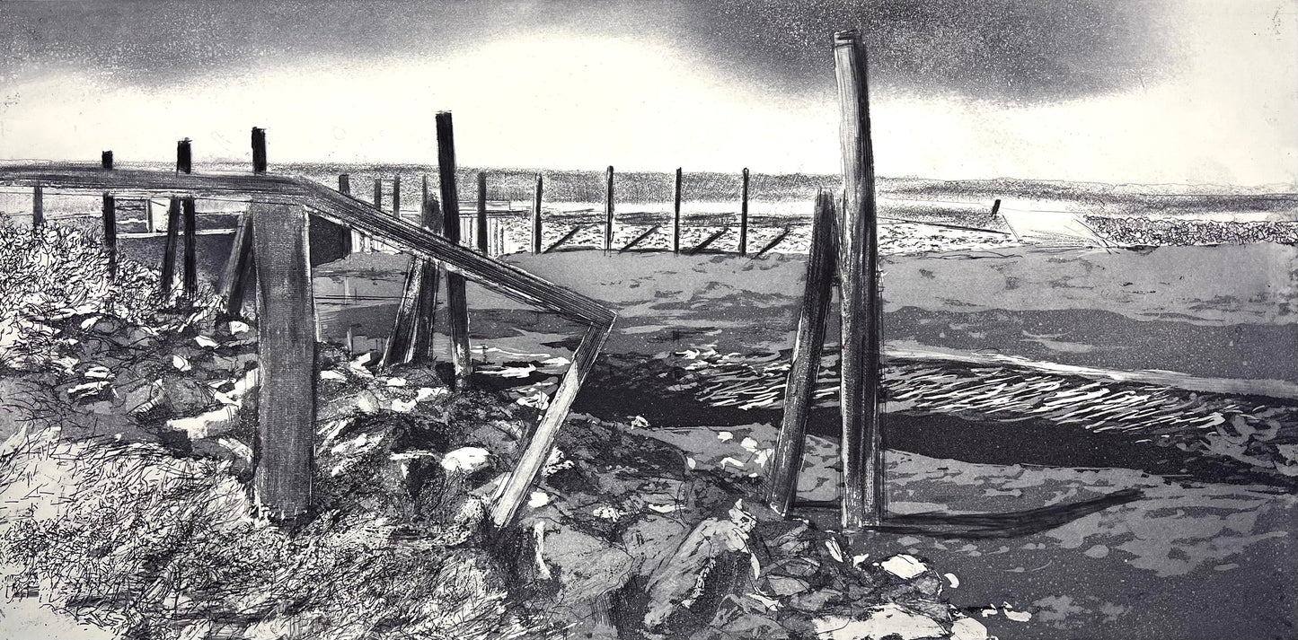 Werkmeister, Wolfgang, Priel bei Ebbe auf Nordstrand, 30 x 60cm, Probe 2, Westküstenzyklus II, Radierung, 2002
