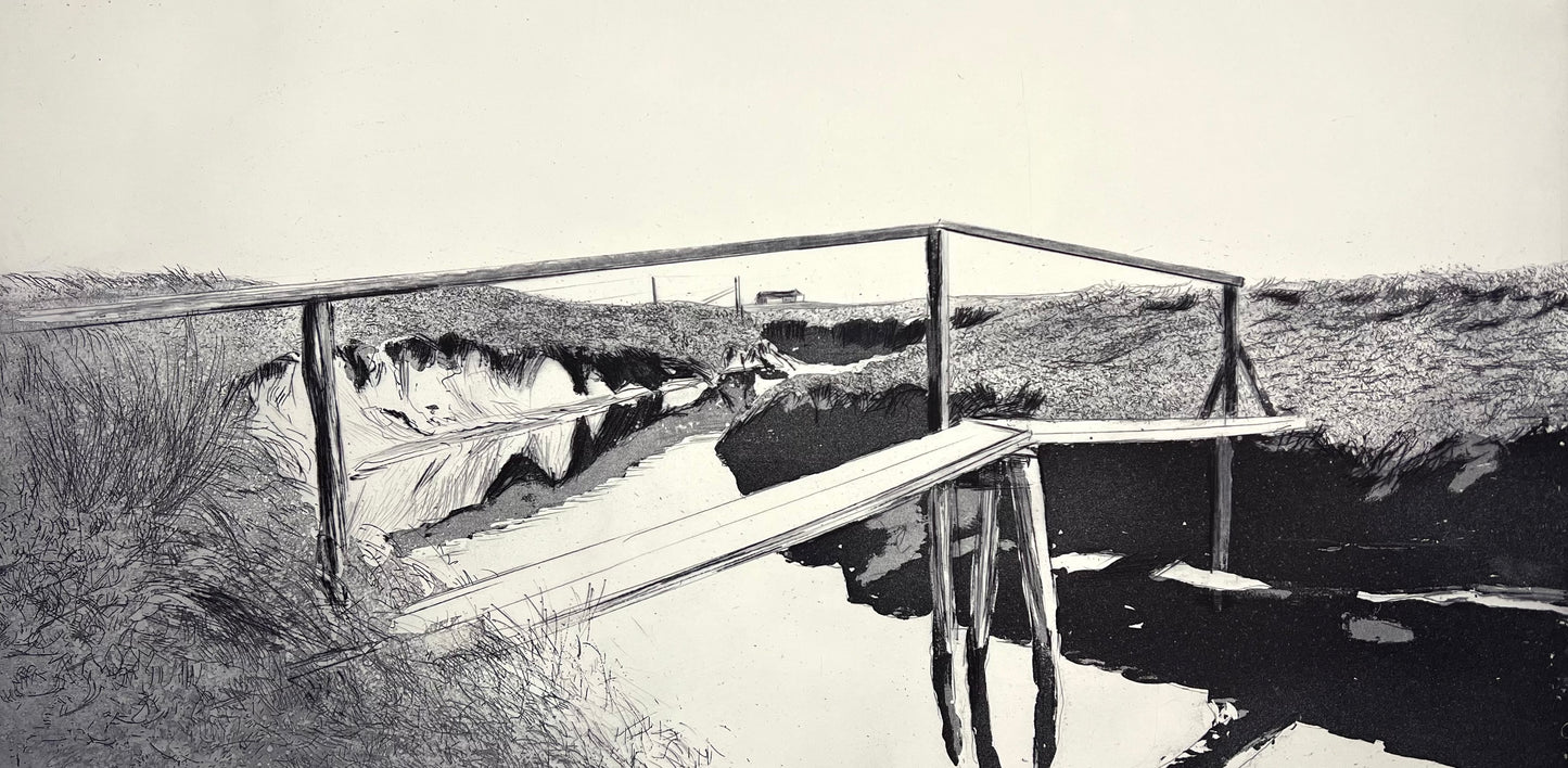 Werkmeister, Wolfgang, Priel und Steg a.Langeneß, 30 x 60cm, Westküstenzyklus II, Radierung