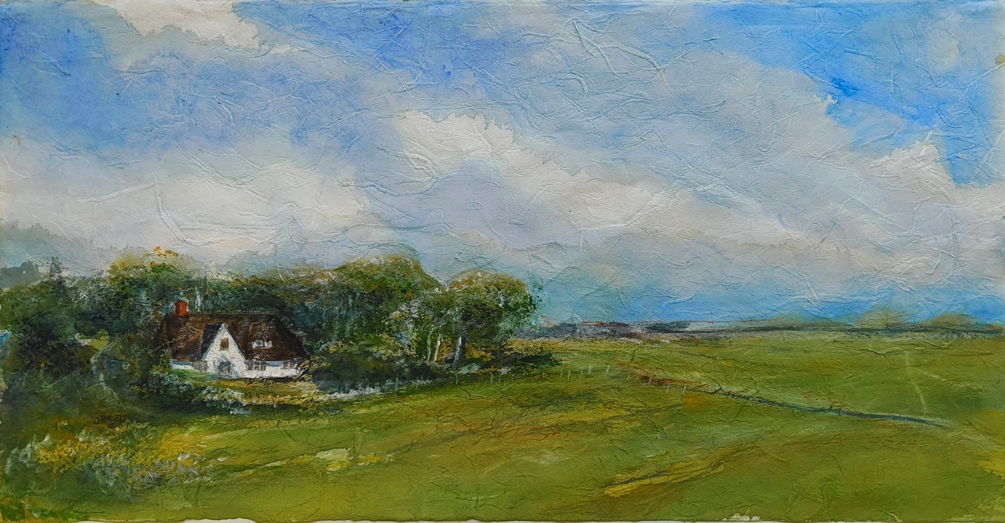 Radeloff, Jens, Blick vom Deich ins Hinterland, Aquarell auf Japan, 32 x 61 cm