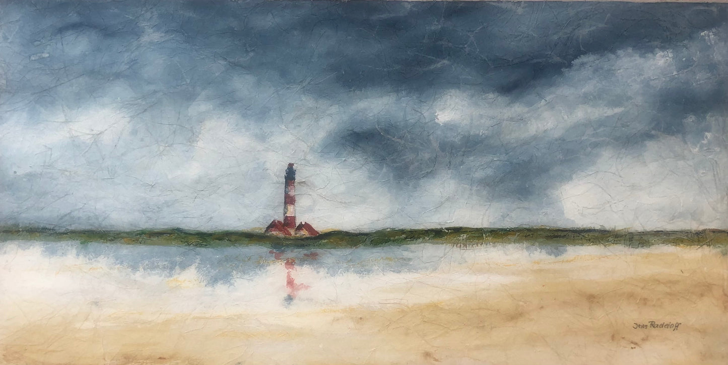 Radeloff, Jens, Spiegelung Westerhever, Aquarell auf Japanpapier, 30 x 60 cm