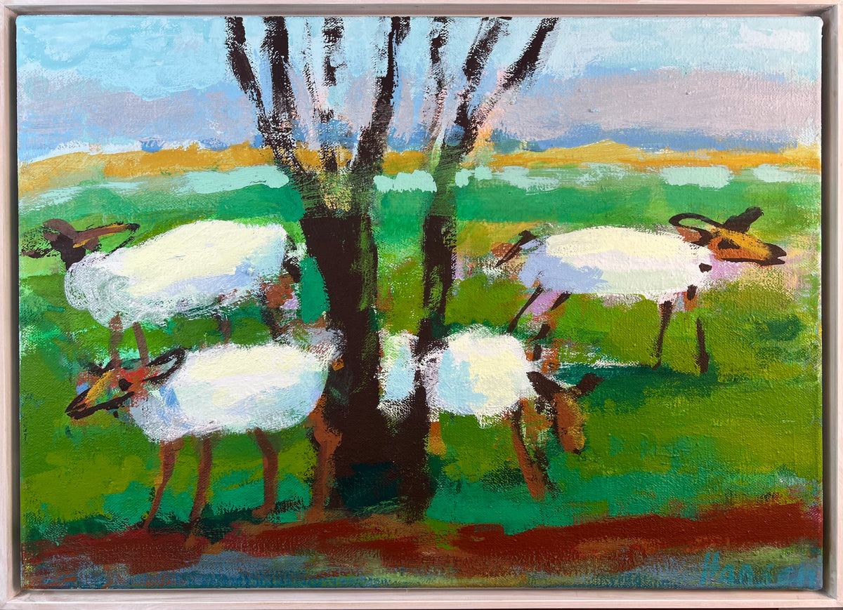 Hansen, Ulrike, Schafe unterm Baum, 50 x 70cm, Eitempera auf Leinwand, 2019