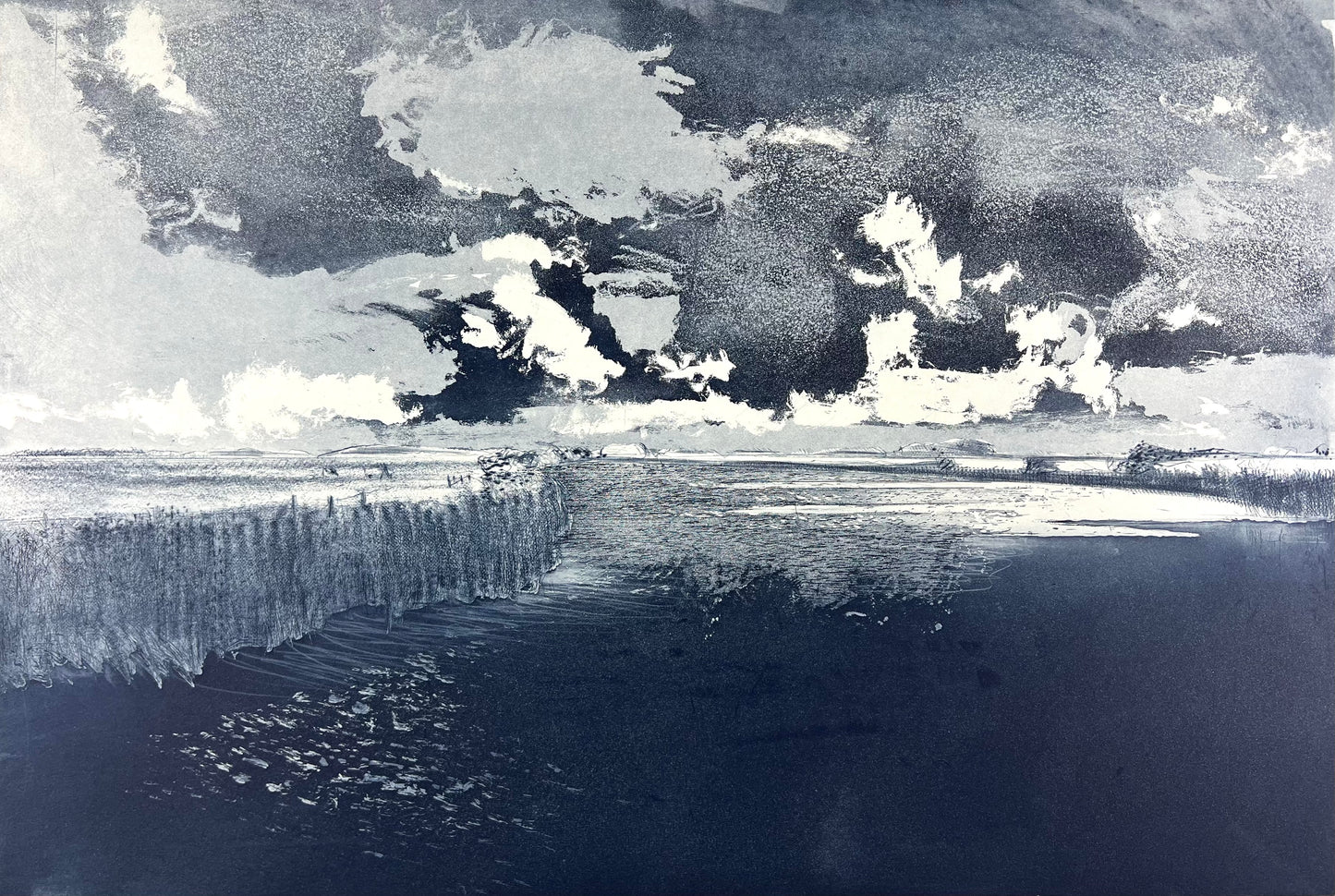 Werkmeister, Wolfgang, Schweres Wetter über der Arlau I, 38,5 x 57,5cm, 14/85, Westküstenzyklus I, Radierung, 1998