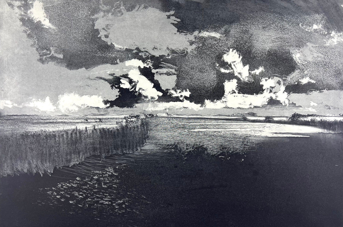Werkmeister, Wolfgang, Schweres Wetter über der Arlau III, 38,5 x 57,5cm, 6/85, Westküstenzyklus I, Radierung, 1998