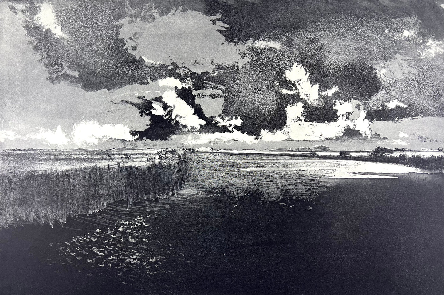 Werkmeister, Wolfgang, Schweres Wetter über der Arlau II, 38,5 x 57,5cm, 2/85, Westküstenzyklus I, Radierung, 1999
