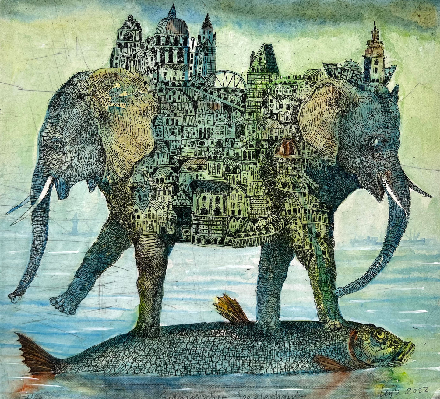 Leiß, Hans-Ruprecht, Siamesischer Seeelelefant, 28,5 x 31,3cm, 7/60, Farbstift, Gouache, Litho, 2022