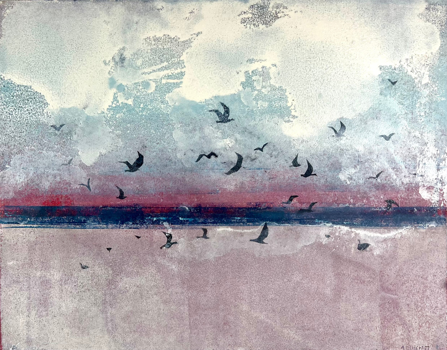 Nesterova & Tchepets, Vogelgewimmel am Strand II, 37 x 47cm, Mischtechnik