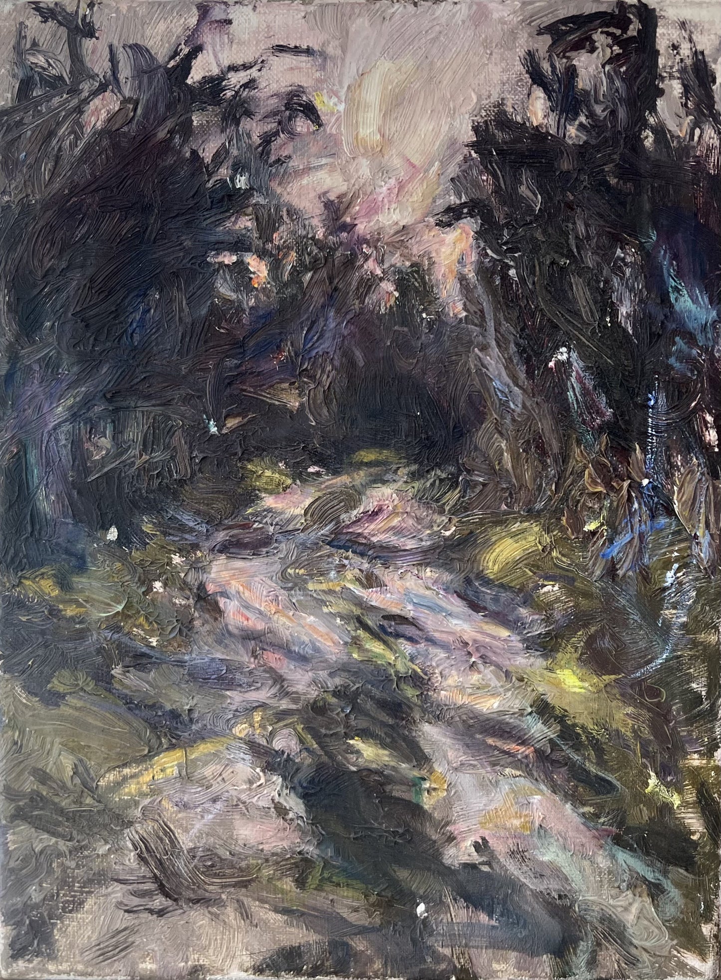 Weiner, Corinna, Waldweg im Abendlicht, 2018, Öl auf Leinwand, 40 x 30 cm