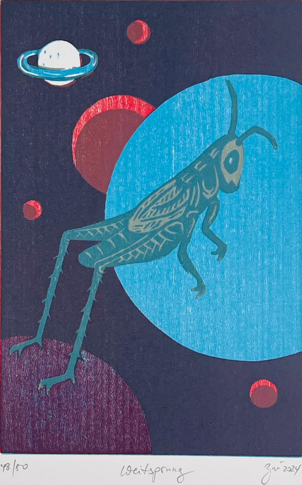 Zwirnmann, Katja, Weitsprung, 20 x 13,4cm, 48/80, Linolschnitt, 2024